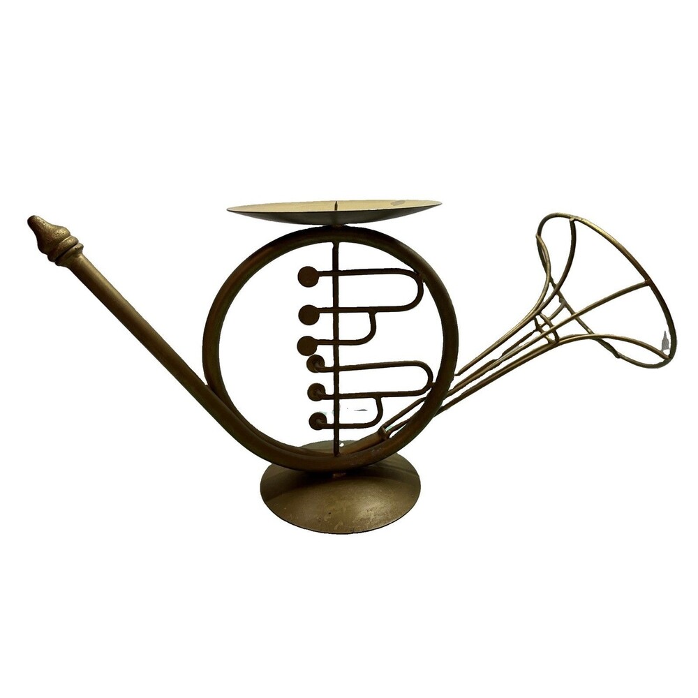 Vintage French Horn Pillar Candle Holder Holds Up To 6 Inch Wide Candle Goldtone